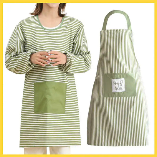 Fashionable Striped Apron For Home Kitchen Cooking Long Sleeved Women's Cute Anti Stain Work Dining Work Clothes Smock