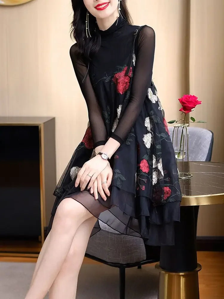 Vintage Stylish Floral Embroidery Dresses Spring Autumn Two Piece Set Female Clothing Gauze Patchwork A-Line Slip Mini Dress New