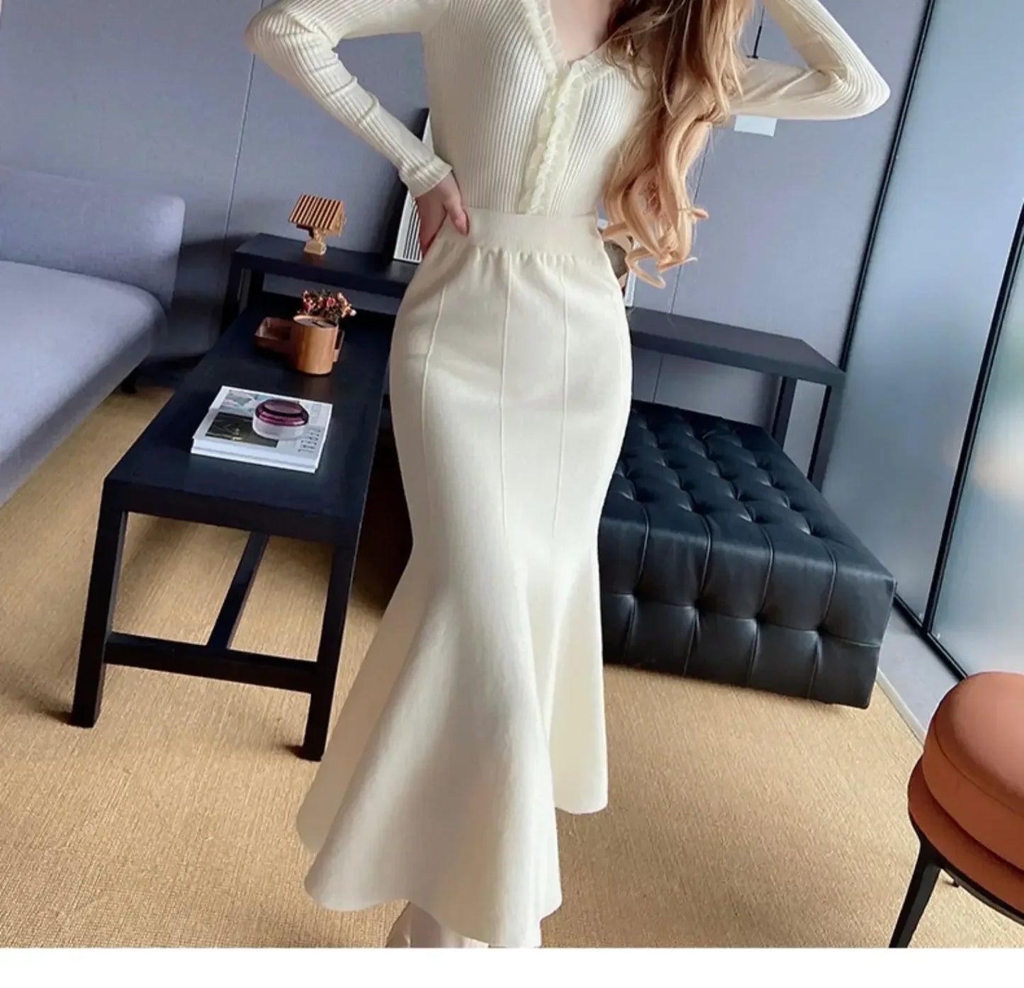 Women's Skirts 2025 Autumn Winter Fashion Knitted Long Skirts for Women Green Vintage Slim Office Lady A-LINE Fishtail Skirt