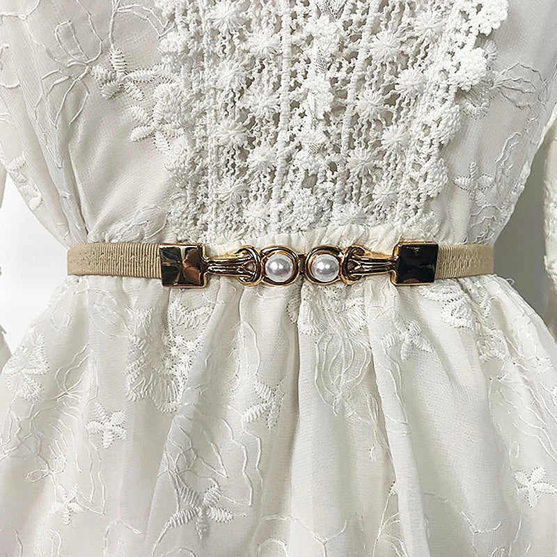 Elegant Double Pearls Buckle Elastic Women Belts Black Thin Straps Lady Girl Dress Skirt Decor Waistbands