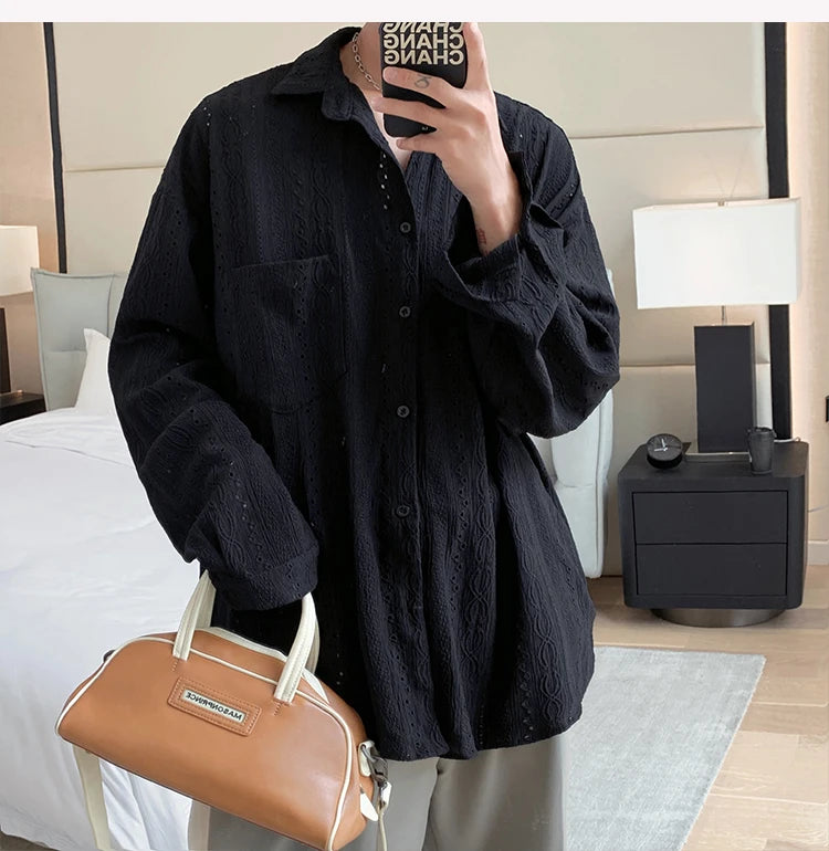 Shirts for Men Hollow Out Lapel Men Blouse Vacation Sexy Handsome Fashion Men Clothing Mesh Long-sleeved Shirts Black/Apricot