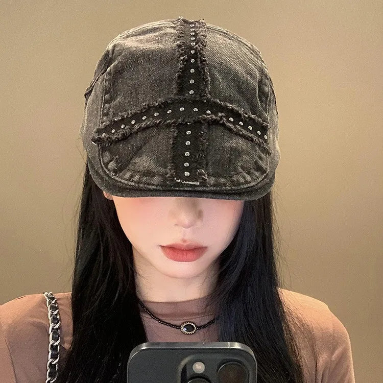 Women's Balck Hats Large Cap Retro Black Denim Riveted Washed Aged Beret American Hat Trend  Chapeau Vintage Hot Girl Y2k Hats