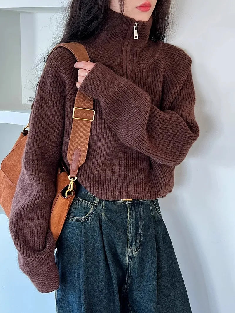 Sweater Pullover Women Autumn Winter 2025 New Zipper Underlay Loose Short Style Popular Premium Sweater Female Tops