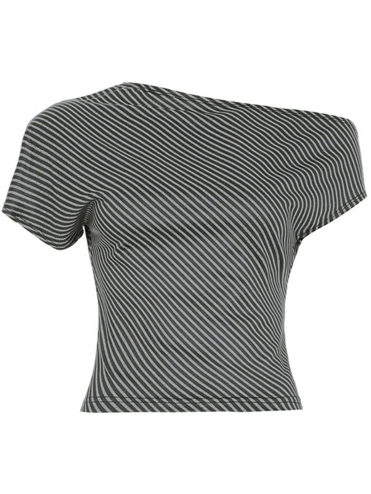 Striped T Shirts For Women Streetwear Inclined Collar Crop Top Y2k Accessories Short Sleeve Grunge Clothes Ropa Mujer Camisetas