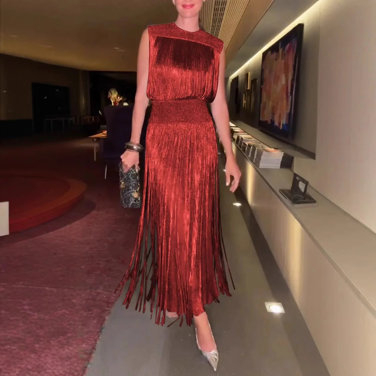 Two Piece Sets Fashion Sequin Fringed Dress for Women Streetwear Glitter Sleeveless Party Gown Elegant O-neck Long Dresses