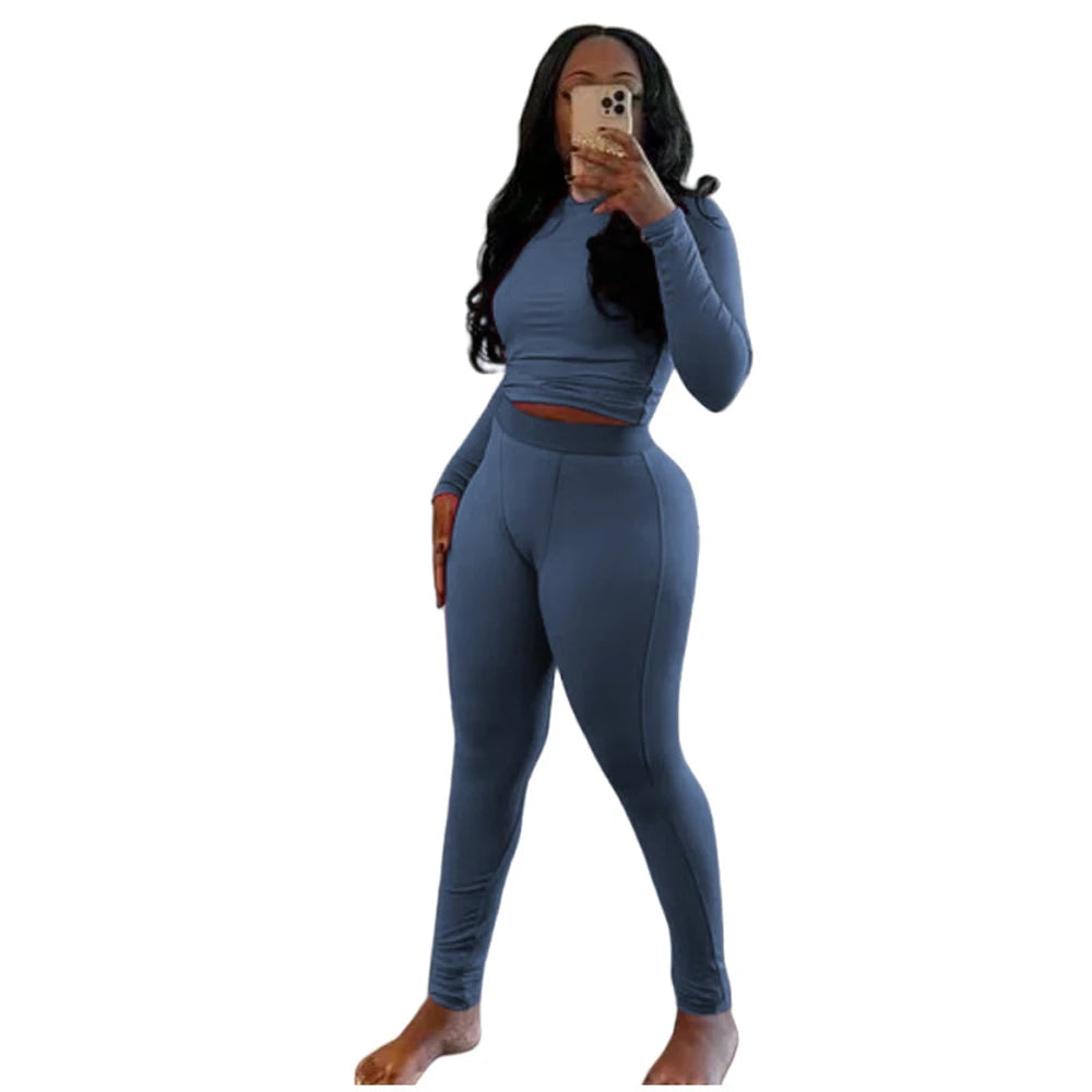 Elastic Yoga Outfits Lounge Sets for Women Autumn 2 Piece Set Ladies Activewear Basic Ribbed Long Sleeve Casual Jogging Suit