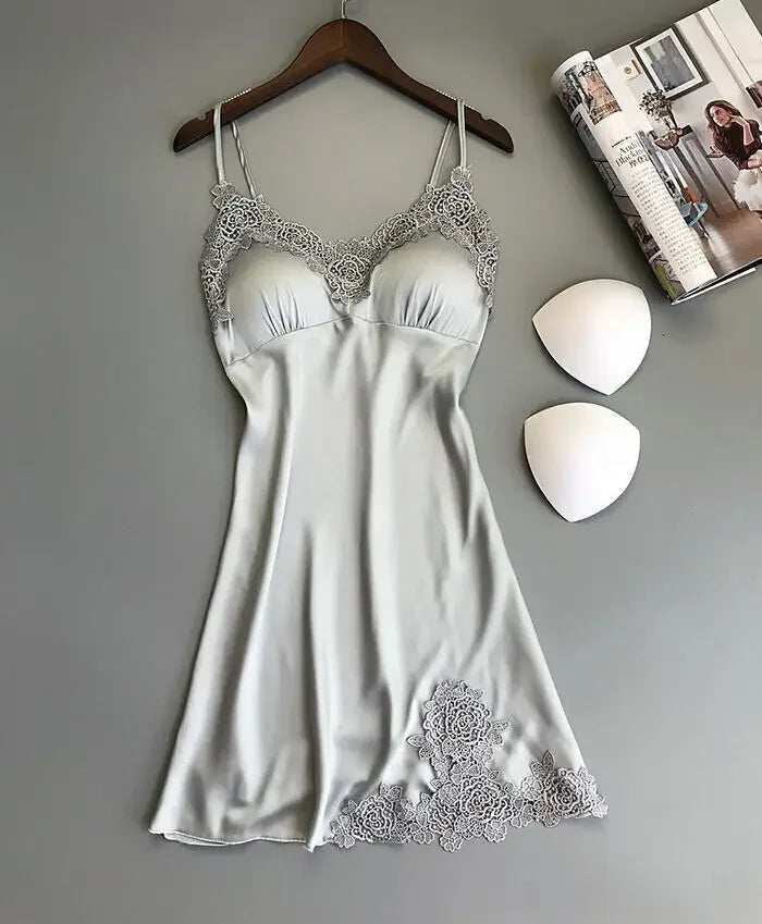 Ladies Sexy Silk Satin Night Dress Sleeveless Nighties V-neck Nightgown Nightdress Lace Sleepwear Nightwear for Women Sleep Tops
