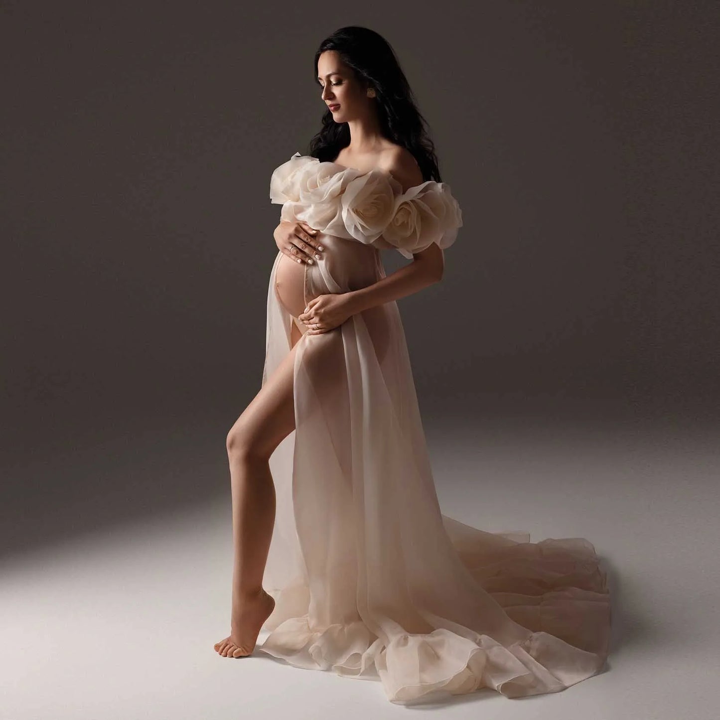 Elegance Maternity Dress Photoshoot Sheer Chiffon Rose Flowers Maternity Dresses Front Slit Illusion Baby Shower Dress Custom