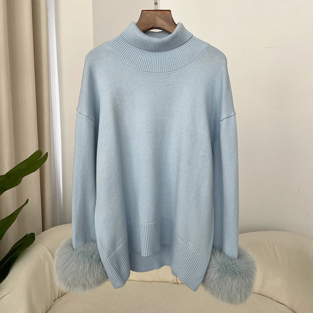 Sweater Women 2024 Autumn Winter Fashionable Sweaters with Real Fox Fur Sleeves Slim Fit Sweaters Fur Knitwear England Style