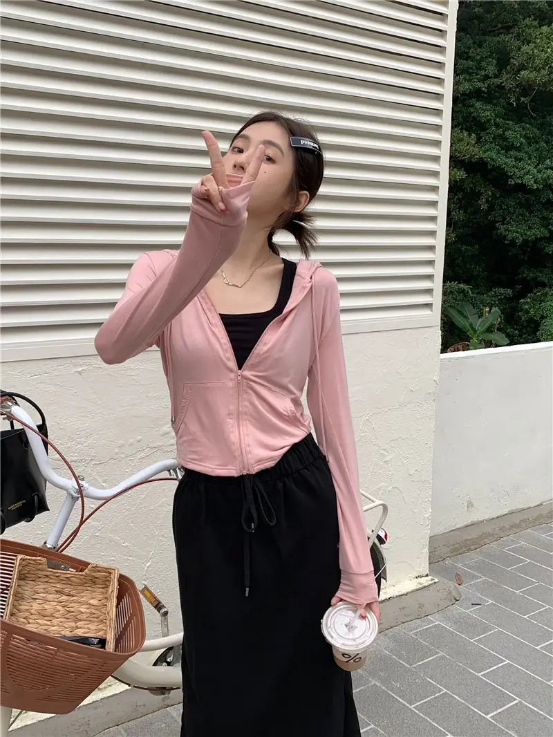 Hooded Jackets Women Thin Sunscreen Solid Fashion Summer Long Sleeve Cropped Coats All-match College Breathable Sporty Popular