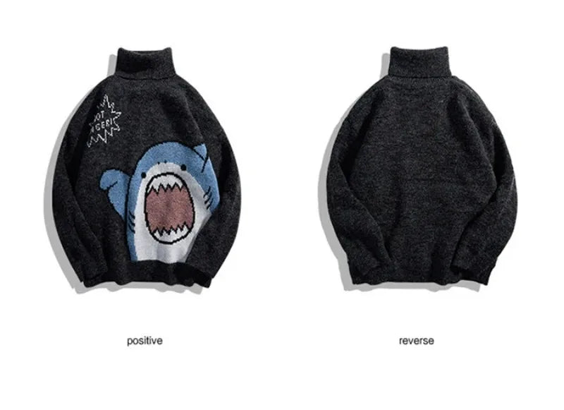 Shark Sweater Men Winter Cartoon Harajuku Korean Y2k Oversized Turtleneck Hip Hop Loose Knit Jumper Pullover High Collar Sweater