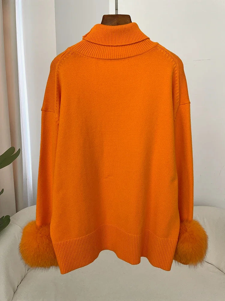 Sweater Women 2024 Autumn Winter Fashionable Sweaters with Real Fox Fur Sleeves Slim Fit Sweaters Fur Knitwear England Style