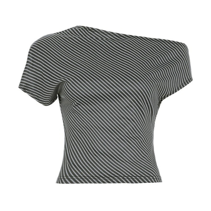 Striped T Shirts For Women Streetwear Inclined Collar Crop Top Y2k Accessories Short Sleeve Grunge Clothes Ropa Mujer Camisetas