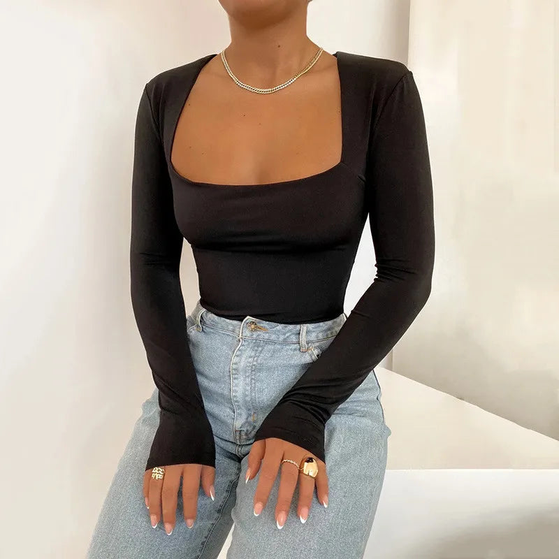 Sexy Bodysuit Long Sleeve Women Body Streetwear Drop shipping Fore Fair Bodycon Square Neck Sheath Crotch Basic Overalls