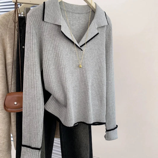 New Spring and Autumn Sweater  Women Color-blocking Loose Straight-tube Meat-covering Long-sleeved Top Base Knitted Sweater