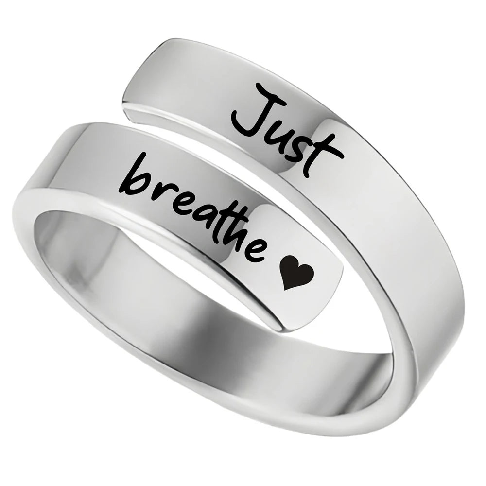 Stainless Steel Ring Just Breathe Ring for Women Men, Spiral Wrap Healing Rings, Inspirational Gifts with Message Card Box