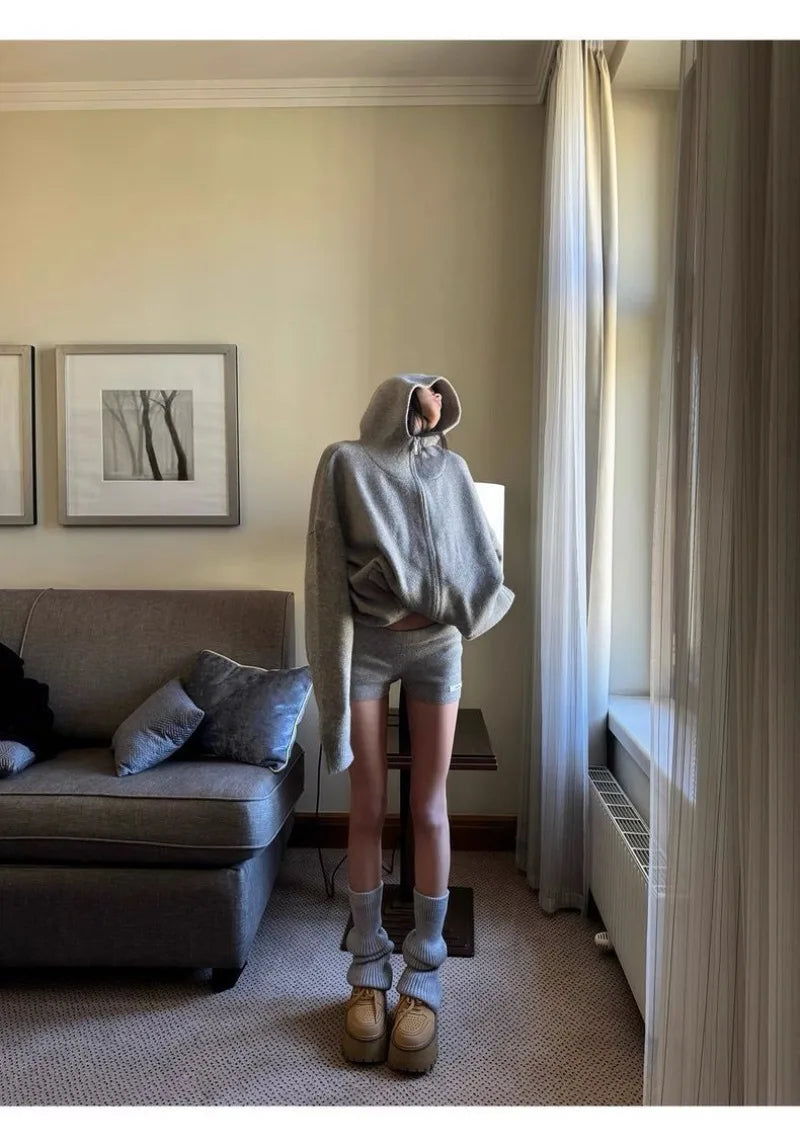 Sweater Set Women American Vintage Hooded Long Sleeve Cardigan Straight Shorts Grey Two Piece Outfit Fall Winter Streetwear Set