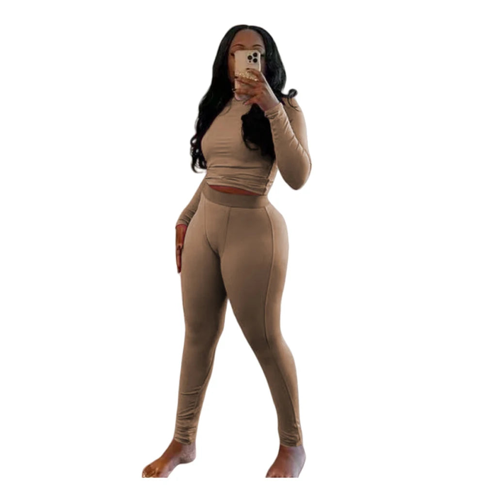 Elastic Yoga Outfits Lounge Sets for Women Autumn 2 Piece Set Ladies Activewear Basic Ribbed Long Sleeve Casual Jogging Suit