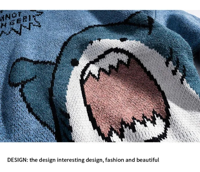 Shark Sweater Men Winter Cartoon Harajuku Korean Y2k Oversized Turtleneck Hip Hop Loose Knit Jumper Pullover High Collar Sweater