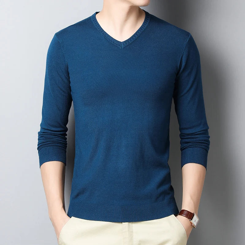 Sweater men's solid color sweater V-neck sweater thin design spring and autumn winter knitted base sweater