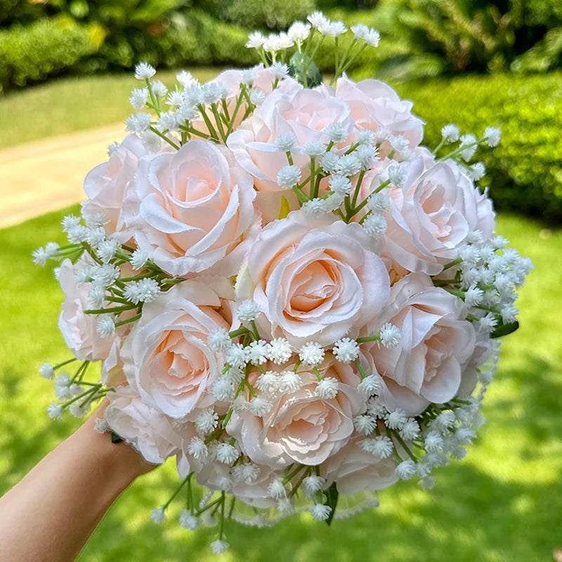 Wedding Bouquets for Bride Babysbreath Rose Bridesmaid Bouquets Silk Ribbon Valentine's Day Decoration Pearl Lace Mesh Ball Gift