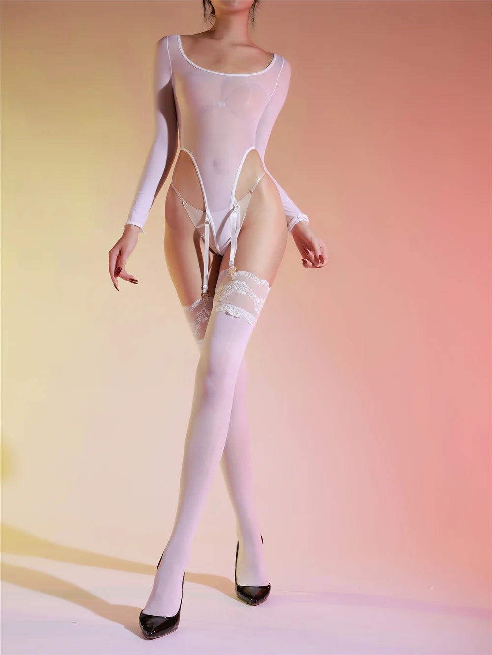 Sexy Women Garter High Cut Bodysuit Sheer See Through 5DThin Shaper Tights Bandage Elastic Leotard Pajamas Maid Wear