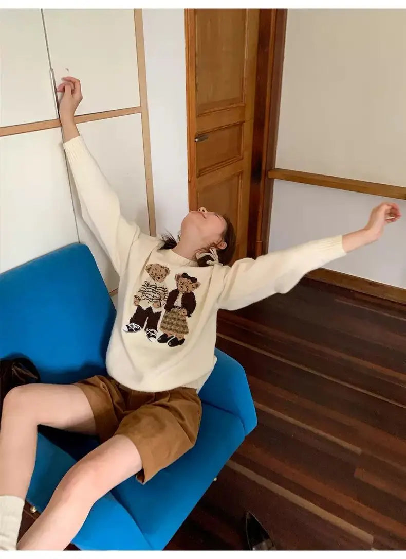 Sweater cartoon small bag core yarn needle retro women's  loose round neck knitted sweater new print black