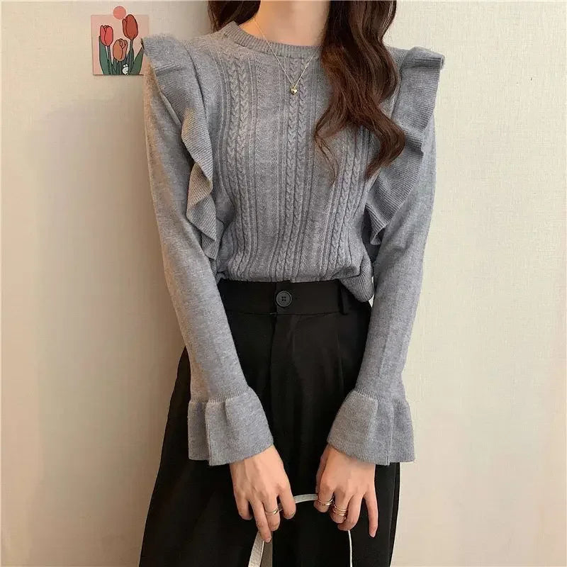 Ladies Sweaters Pullovers Round O Neck Grey Knitted Top for Women Jersey Winter 2025 Jumper Economics Long Sleeve Thermal Blouse