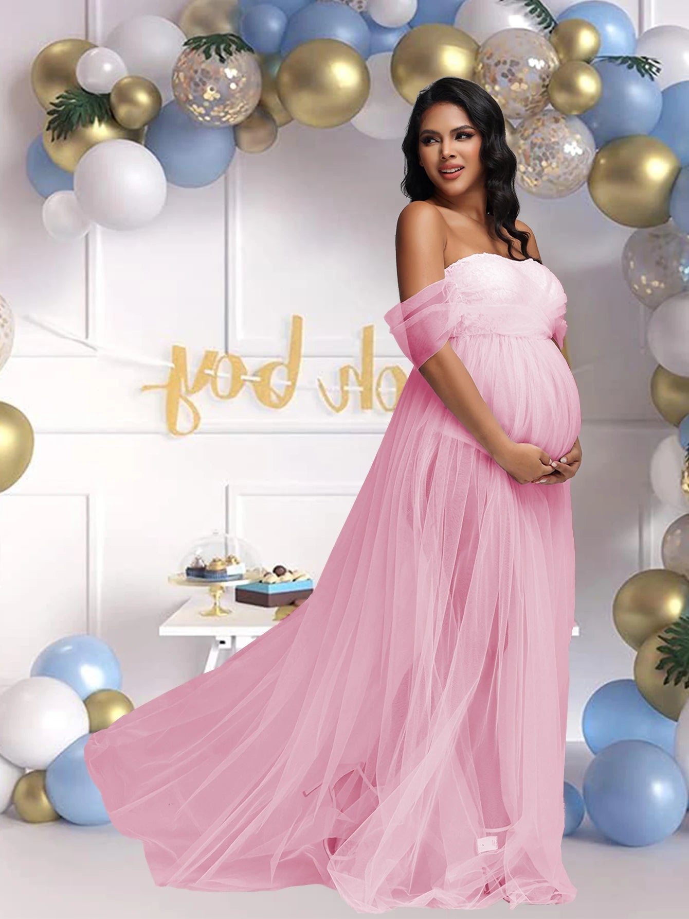 Pregnancy Dresses Maternity Photo Shoot Maxi Gown Off Shouder Lace Mesh Women Clothing for Baby Shower Photography Props