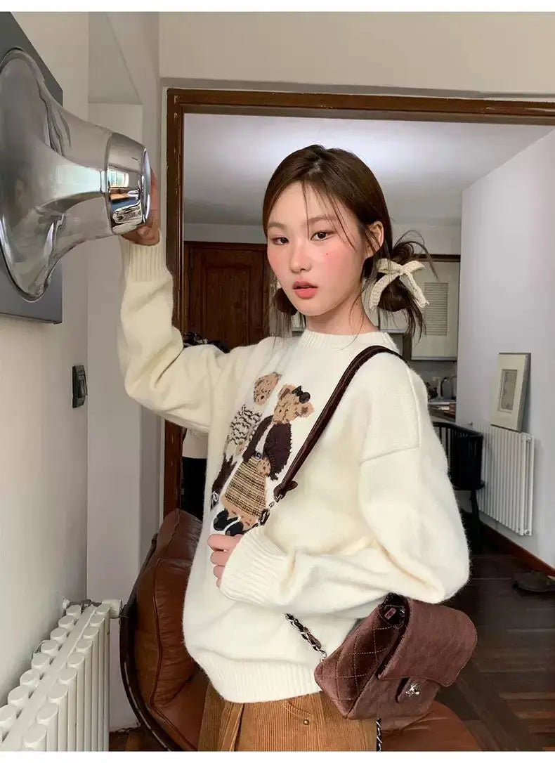 Sweater cartoon small bag core yarn needle retro women's  loose round neck knitted sweater new print black