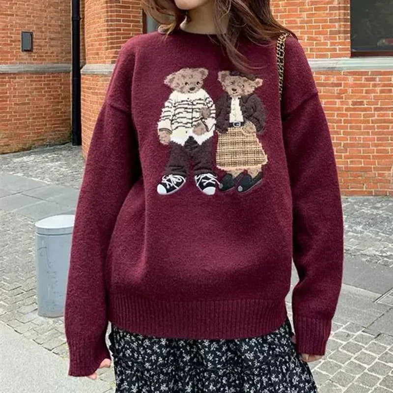 Sweater cartoon small bag core yarn needle retro women's  loose round neck knitted sweater new print black