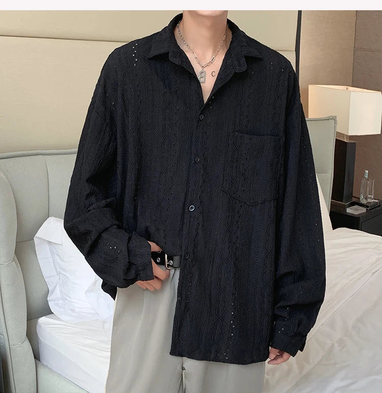 Shirts for Men Hollow Out Lapel Men Blouse Vacation Sexy Handsome Fashion Men Clothing Mesh Long-sleeved Shirts Black/Apricot