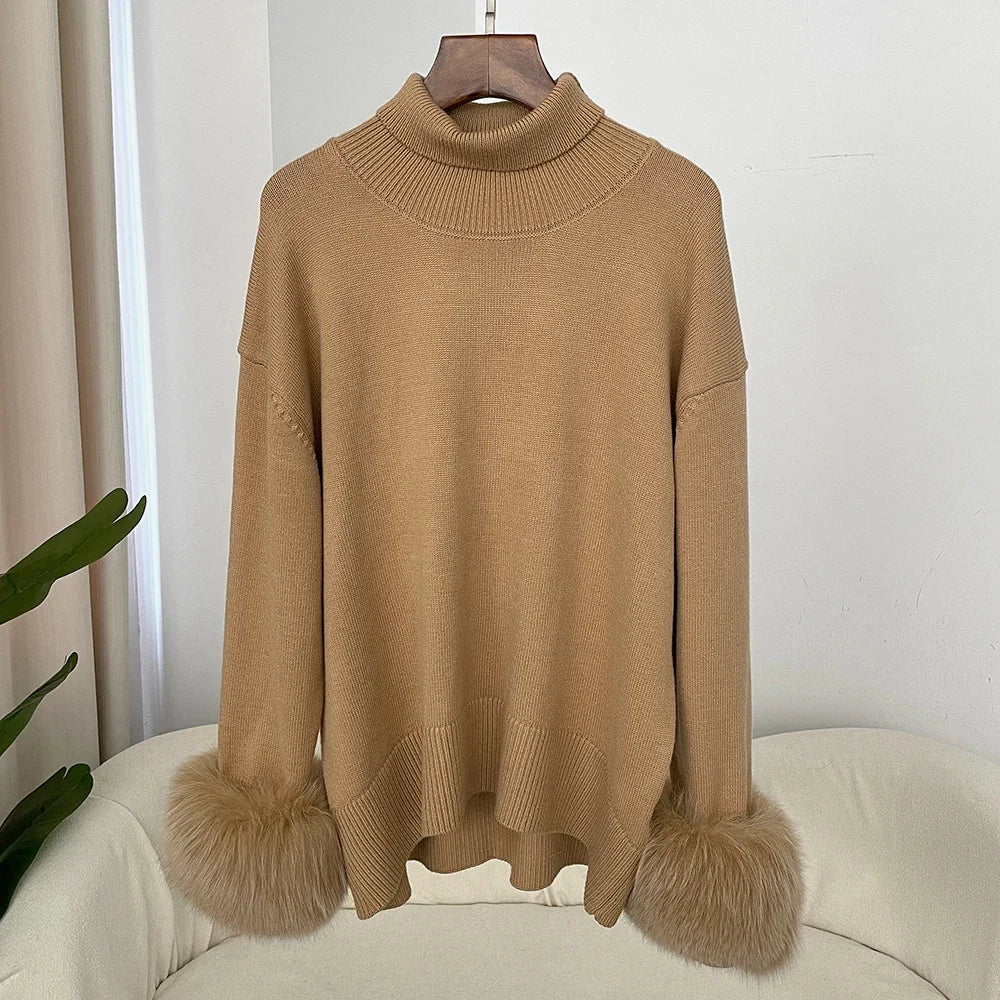 Sweater Women 2024 Autumn Winter Fashionable Sweaters with Real Fox Fur Sleeves Slim Fit Sweaters Fur Knitwear England Style