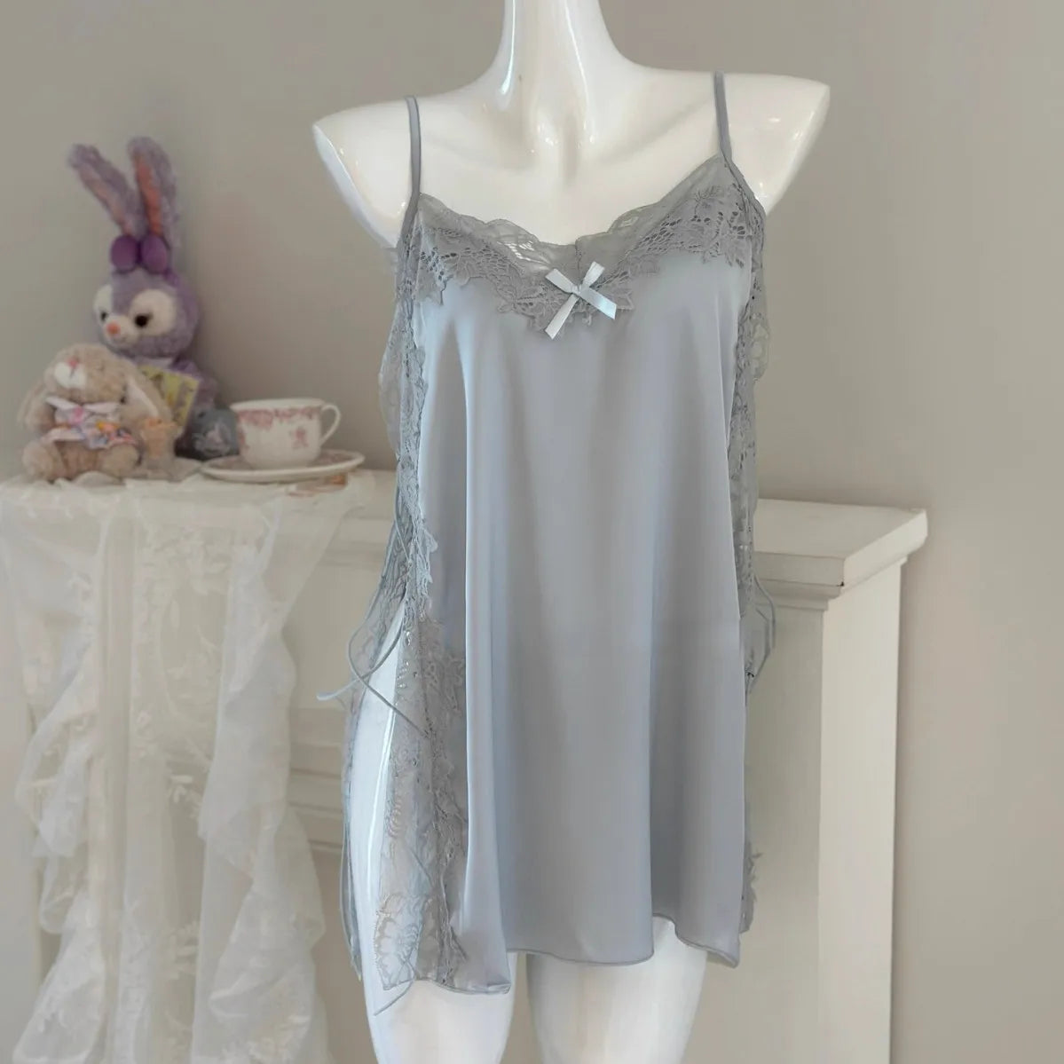 Satin Nightgown Lady Sexy Bowknot Lace Lingerie Spaghetti Strap Night Dress For Women Nighties Sleeveless Sleepwear Nightwear