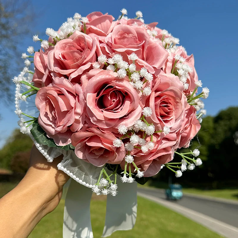 Wedding Bouquets for Bride Babysbreath Rose Bridesmaid Bouquets Silk Ribbon Valentine's Day Decoration Pearl Lace Mesh Ball Gift