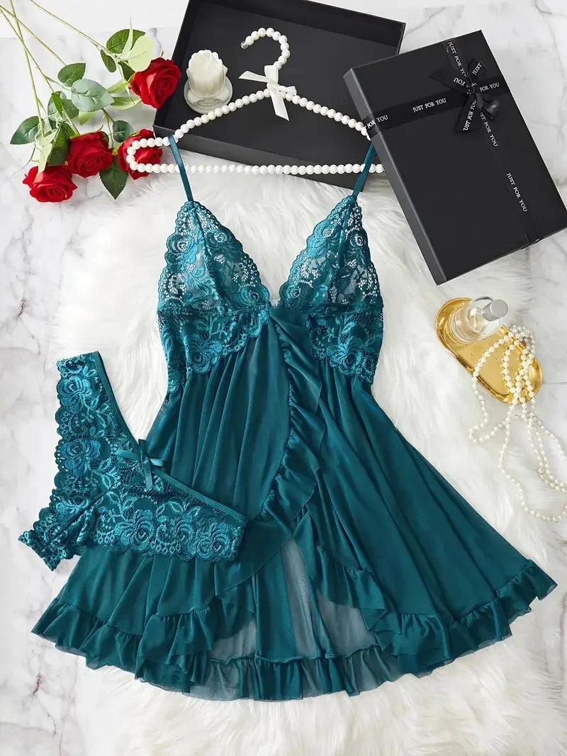 Women Nightdress Sexy Lace Chemise Bow Nightgown Sleepwear Solid Slim Soft Dresses V Neck Full Slip Sleepwear & Dresses