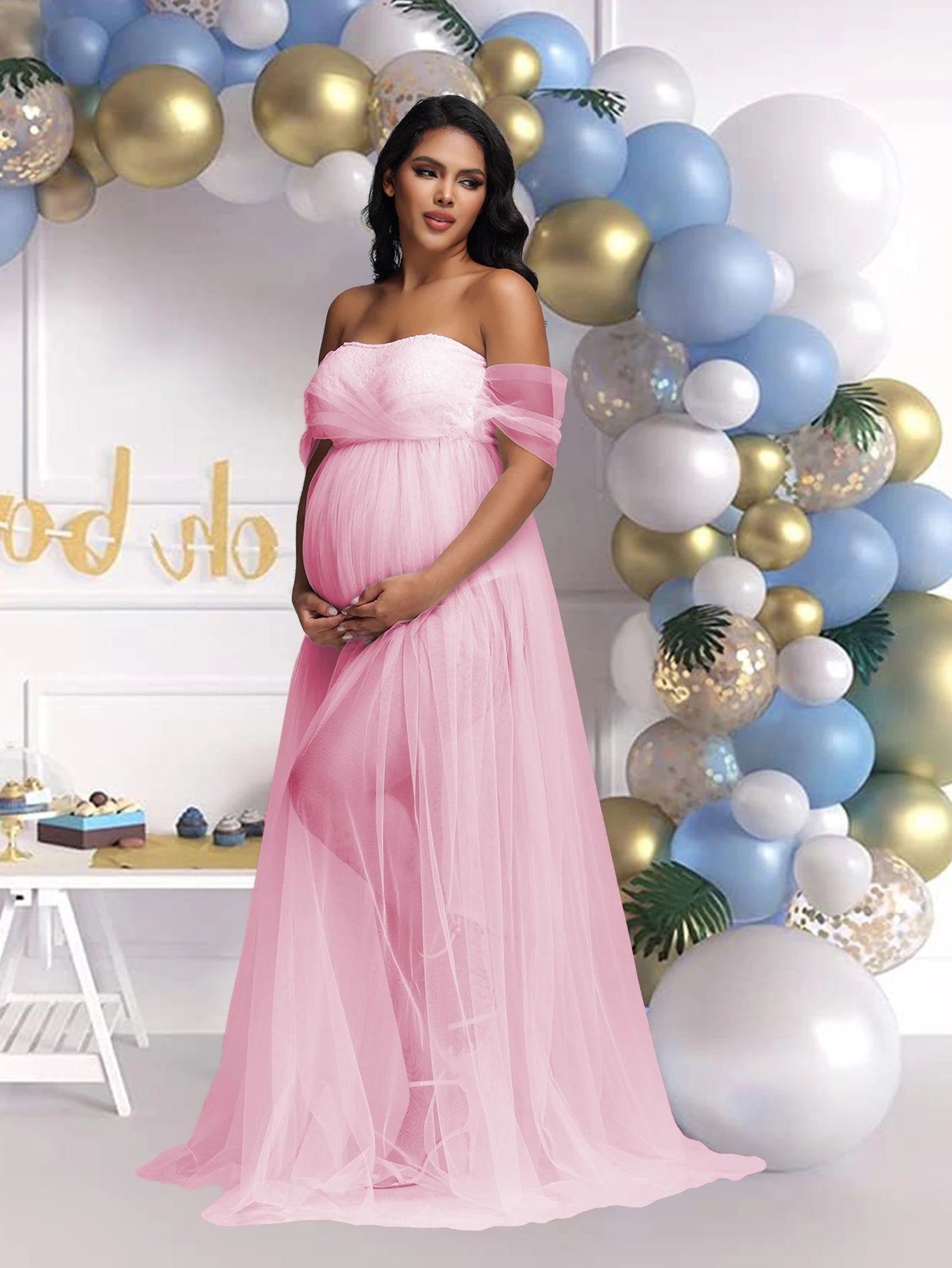 Pregnancy Dresses Maternity Photo Shoot Maxi Gown Off Shouder Lace Mesh Women Clothing for Baby Shower Photography Props
