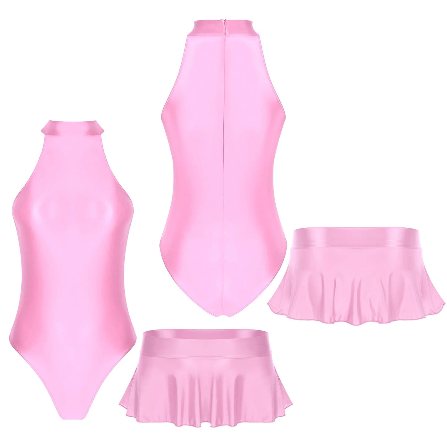 Women Glossy Bodysuit Swimsuit Set Elastic Sleeveless High Cut Leotard with Ruffled Mini Skirt Swimming Bathing Suit Swimwe﻿ar