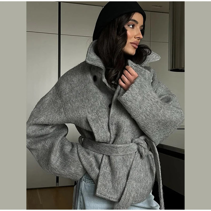 Women's Coat Elegant Laple Woolen Lace Up Belt Pocket Thicken Full Sleeve Female OverCoat 2025 Autumn Winter New Lady Outwears