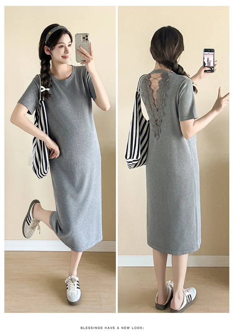 Maternity Dress: Back-Cutout Knit &Lace Maxi - Sophisticated Pregnancy Gown with Designer Details for Fashionable Expecting Moms