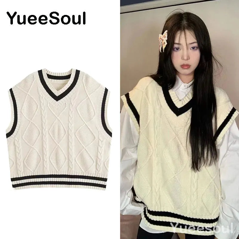 Sweet Kawaii Sweater Vest Printed Sleeveless Casual Outerwear Knitted Waistcoat 2023 Vintage Y2K Spring  E Girl Pullovers Tops
