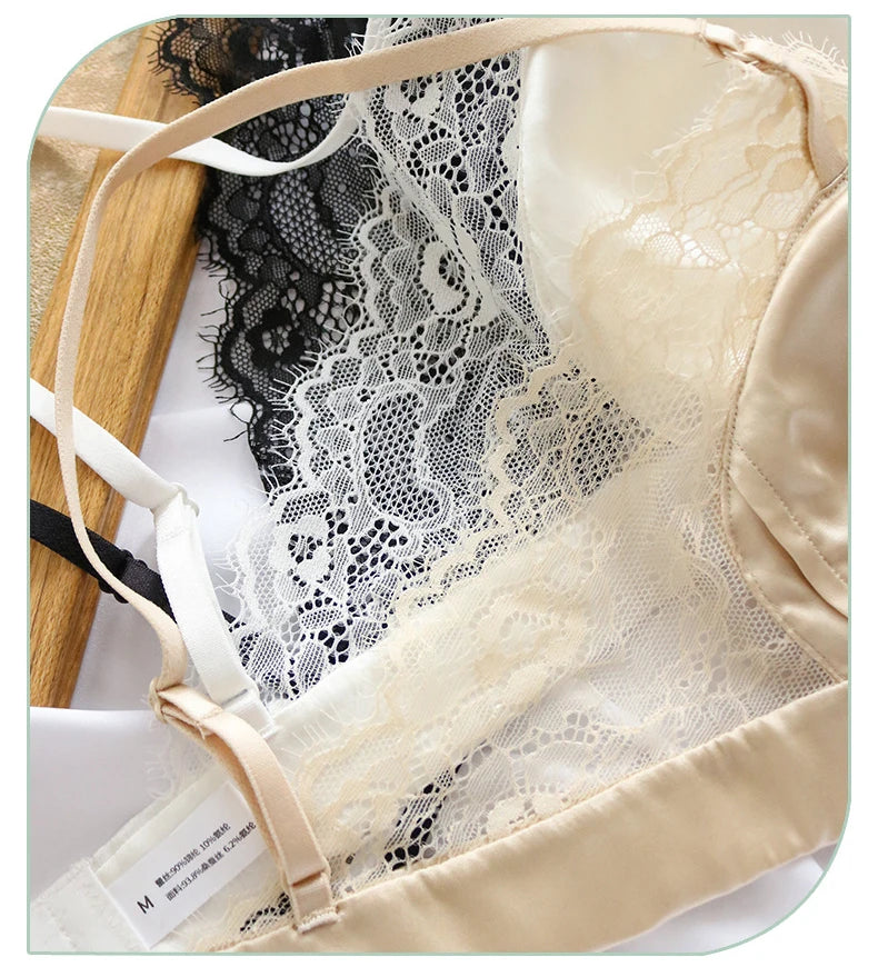 Women Silk Bras 93.8% Mulberry Silk 6.2 Spandex Lace Satin Surface Wire Free Wireless Bra Bralette Everyday Wear TA018