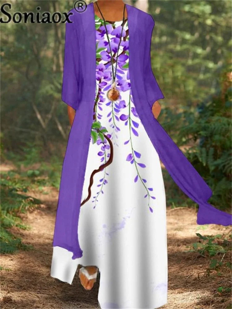 New Two-Piece Set Lady Flower Print Sleeveless Maxi Dress With Cardigan Hot Clothes Women 2025 Summer Boho Elegant Dresses Coat