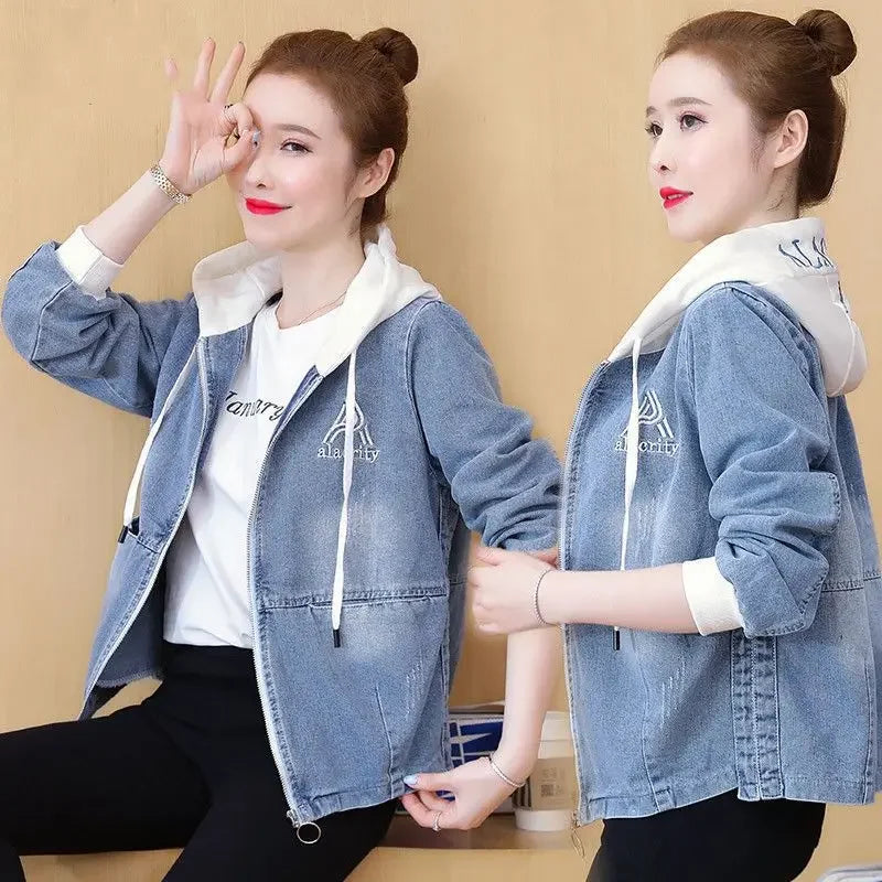 Outerwears Embroidered Spring Autumn Hooded Female Jeans Coat with Print Graphic Women's Denim Jackets Luxury Low Price Harajuku