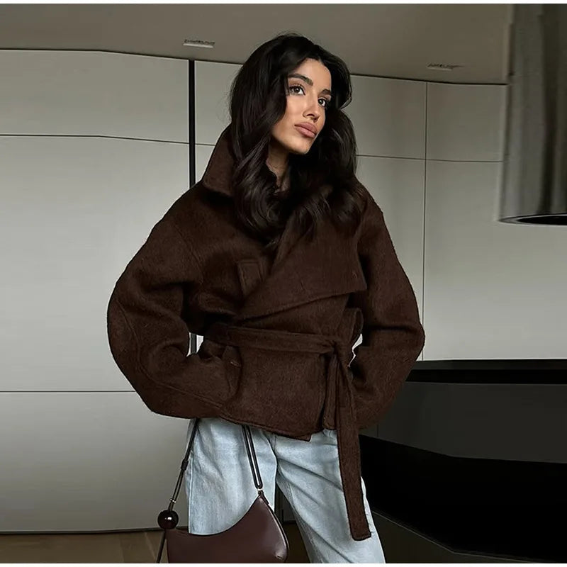 Women's Coat Elegant Laple Woolen Lace Up Belt Pocket Thicken Full Sleeve Female OverCoat 2025 Autumn Winter New Lady Outwears
