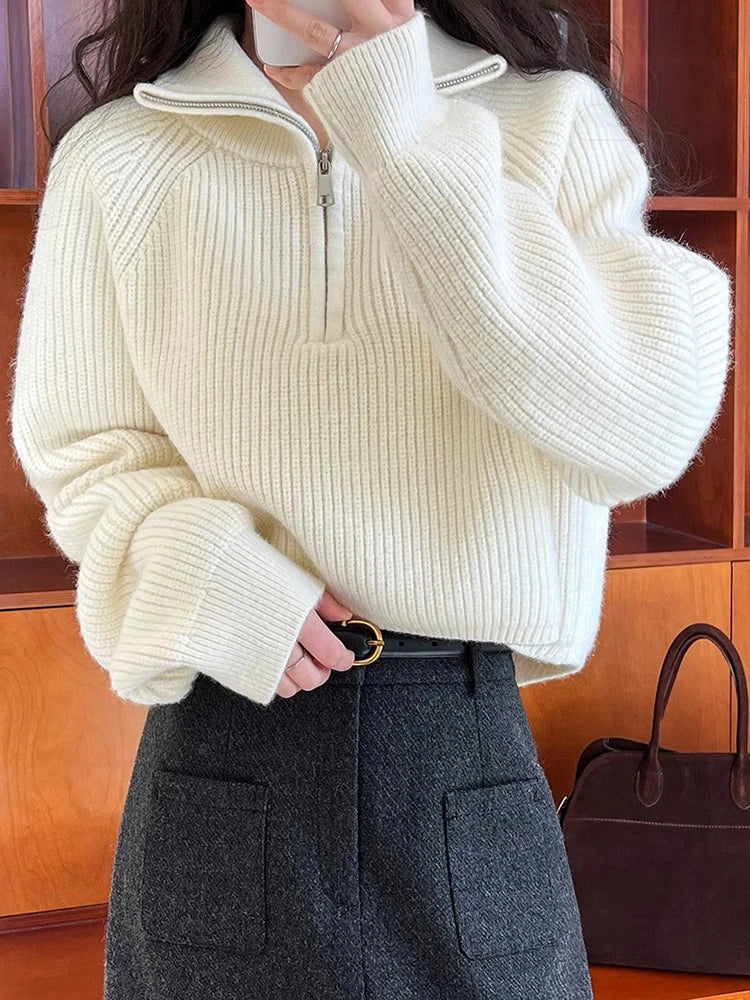 Sweater Pullover Women Autumn Winter 2025 New Zipper Underlay Loose Short Style Popular Premium Sweater Female Tops