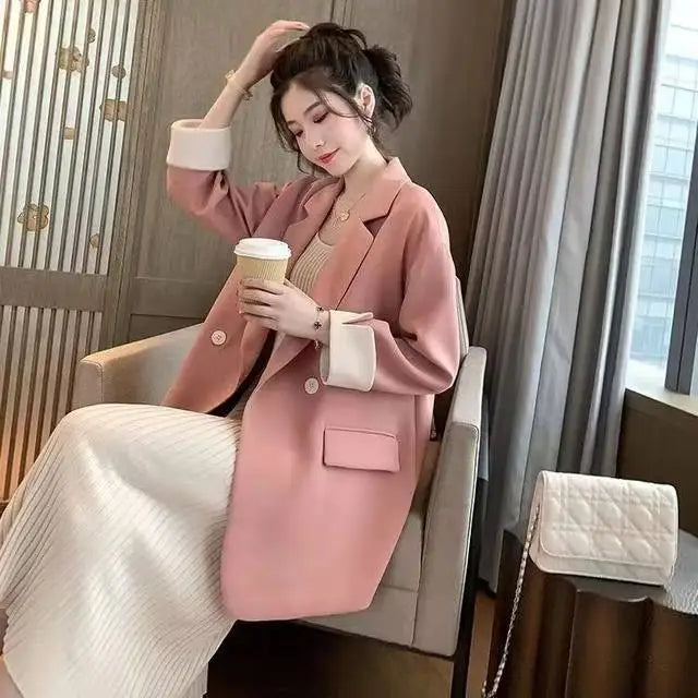Long Blazers Woman Spring Casual Office Lady Lapel Double-breasted Slim-fit Elegant Solid Color Fashion Outerwear Minimalist