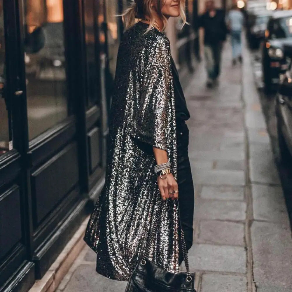 Women Coat Comfy Loose Outerwear Outwear Windproof  Stylish Shining Sequins Cardigan Jacket Top