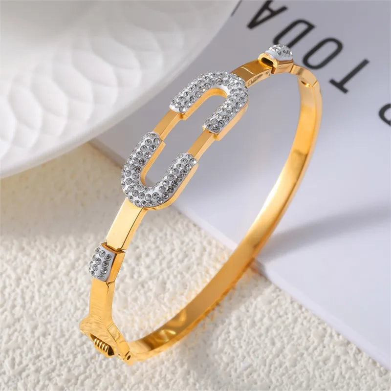 Stainless Steel Bracelet Bangles For Women Gold Plated With Zircon Waterproof Women's Hand Bracelets Bangle Luxury Woman Jewelry