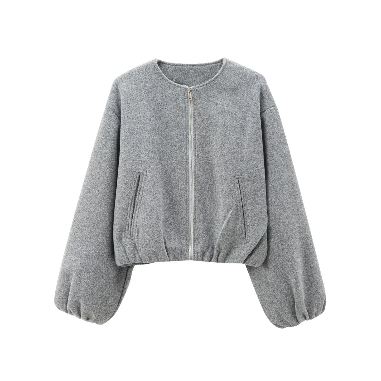 HXAO Outerwears Cropped Bomber Jacket Women Autumn Long Sleeve Faux Wool Coats For Woman Winter Zip Up Gray Beige Short Coats